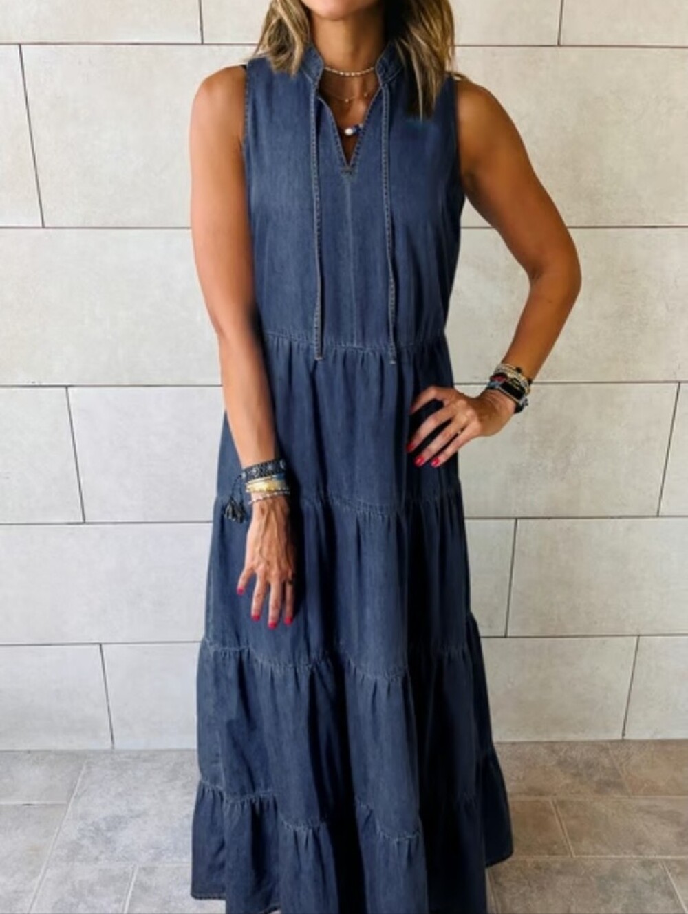 Everyday the Label Tiered Denim Dress Sleeveless Maxi Dress Women's Size L